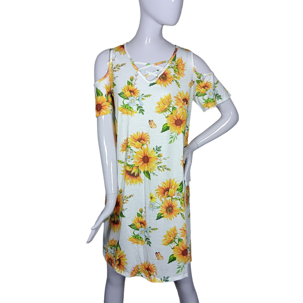 Pinup Fashion Mini Dress Size Medium White with Sunflower Print Lace Up Neckline